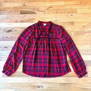 J.Crew Women's Velvet Tie Neck Red Plaid Blouse